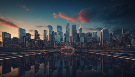 Panoramic view of Chicago downtown skyscrapers at sunset.の素材