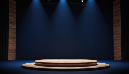 Stage Podium Scene for Award Ceremony illuminated with spotlight. Award ceremony concept. 3D Renderingの素材