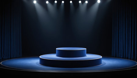Stage podium with lighting, Stage Podium Scene with for Award Ceremony illuminated by spotlight.の素材