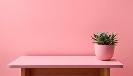 Pink shelf with plant in pot on pink background. Minimal concept.の素材