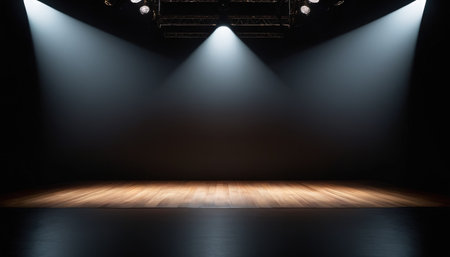 stage lighting effect in the dark room with spotlights and wooden floorの素材