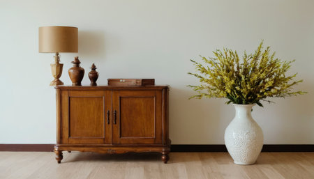 Vase of flowers and lamp on wooden chest of drawers in roomの素材