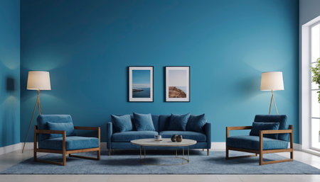 Blue living room with two armchairs, coffee table and lamps - renderingの素材