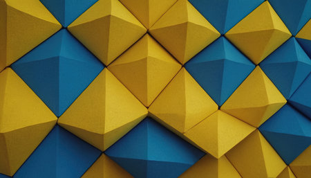 Abstract geometric background of yellow and blue triangles. 3d render illustrationの素材
