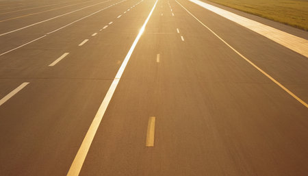 Empty airport runway with white marking lines, closeup of photo.の素材