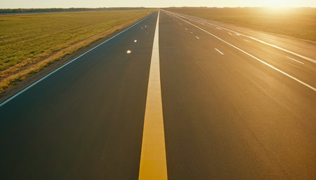 Aerial view of asphalt road with yellow line at sunset in summerの素材
