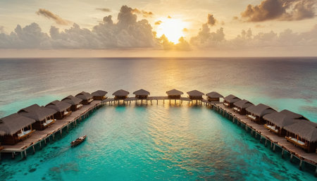 beach with water bungalows at Maldives at sunset.の素材