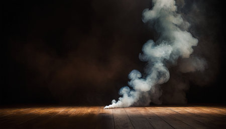 Smoke coming out of a room with wooden floor and black backgroundの素材
