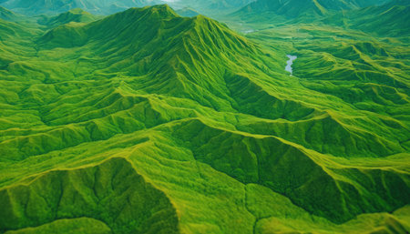 Aerial view of green hills in the mountains. Landscape of green hills.の素材
