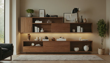 Interior of modern living room with bookshelf. 3d renderの素材