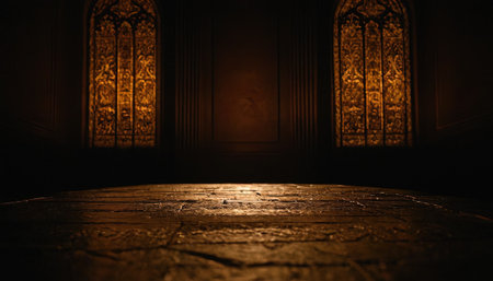 A dark room with a wooden door and a window. The light from the window.の素材