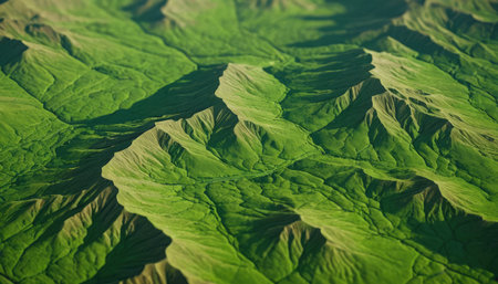 Aerial view of the green hills in the morning light. Natural backgroundの素材