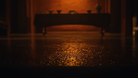 Reflection of a table in a dark room at night. Selective focus.の素材