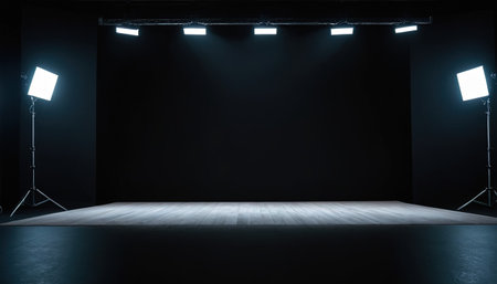 Empty photo studio with spotlights and lighting equipment. 3d renderingの素材