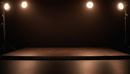 Empty stage with spotlights on a black background. 3d renderingの素材