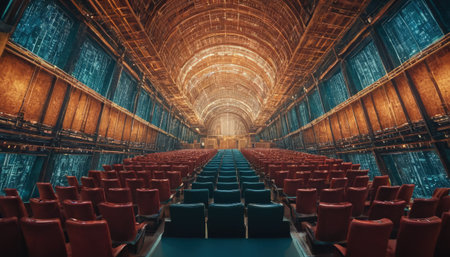 Interior of an old theater with rows of seats. 3d renderの素材