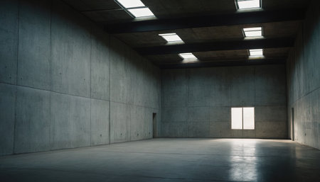 Interior of an empty room with concrete walls and floor and sunlightの素材