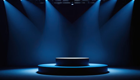 Stage Podium Scene for Award Ceremony illuminated with spotlight. Award ceremony concept. Stage backdrop.の素材
