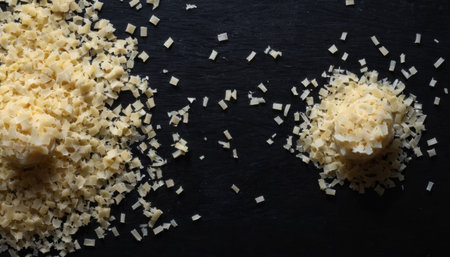 Heap of grated Parmesan cheese on black slate background.の素材