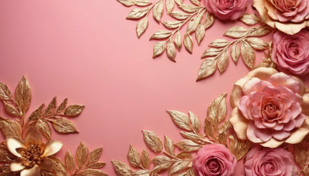 Flowers composition. Frame made of pink roses and golden leaves on pink background. Flat lay, top view, copy spaceの素材