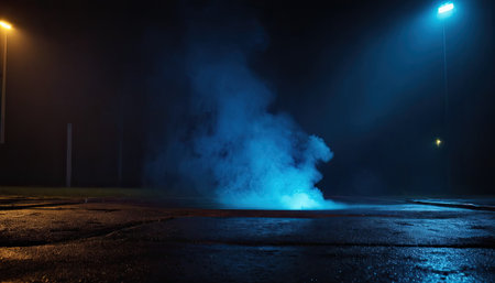 Night street illuminated by street lamps with fog and backlight. Abstract backgroundの素材