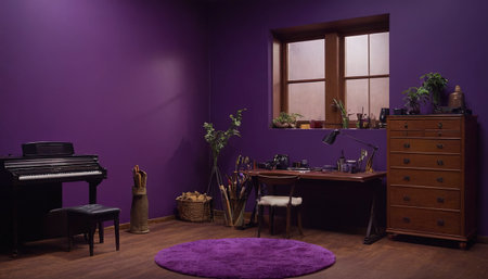 Interior of a living room with a purple wall and a pianoの素材