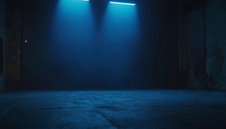 Dark empty room with blue spotlights and concrete floor. 3d renderingの素材