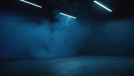 3D render of an empty room with neon lights and smoke.の素材