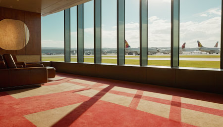 Interior of an airport, waiting area with a view of the runwayの素材