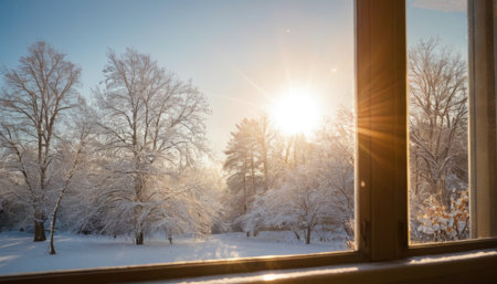 Beautiful winter landscape with snow covered trees and sunlight through the windowの素材