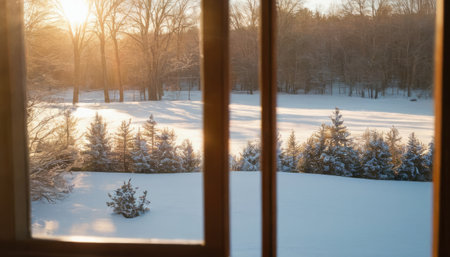 Beautiful winter landscape. View from the window to the snow-covered forestの素材