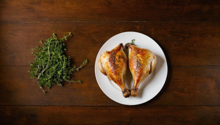 Roasted chicken with thyme on wooden background. Top view.の素材