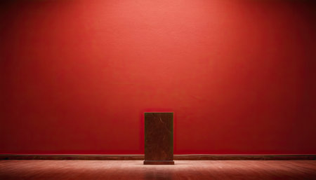 Red wall with a golden pedestal in front of a red wallの素材