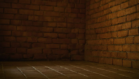 Brick wall in dark room with floor and brick wall background.の素材