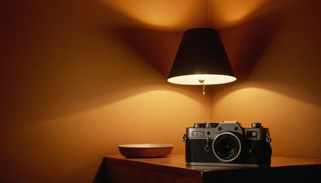 Retro camera and lamp on a wooden table in a hotel roomの素材