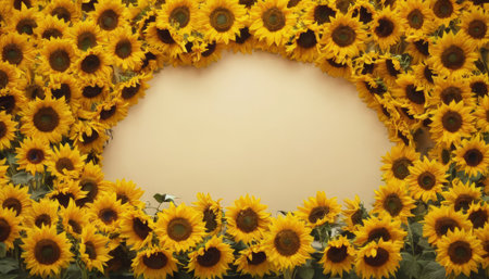 Frame of sunflowers on a beige background with copy spaceの素材