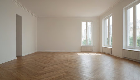 Empty room with white walls, parquet floor and window. Nobody insideの素材