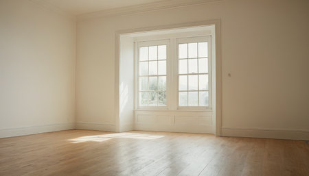 interior of empty room with white walls and wooden floor. Nobody insideの素材