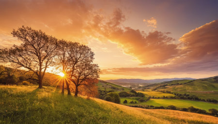 Sunset in Tuscany, Italy. Beautiful summer landscape with trees and meadowsの素材