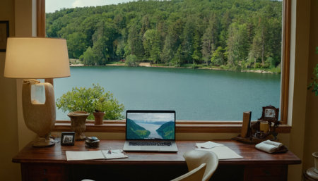 Laptop on a table in front of a lake in the forestの素材