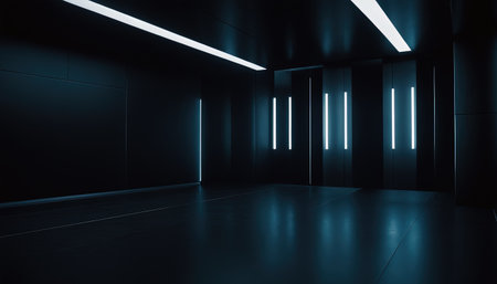 3d rendering. Futuristic dark corridor with glowing neon lights. Sci-fi interior.の素材