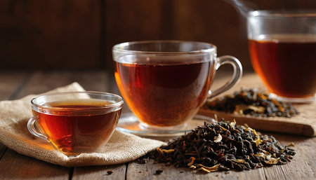 Two cups of black tea on a wooden table, rustic styleの素材