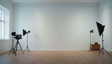 Interior of modern photo studio with white walls, wooden floor and professional equipmentの素材