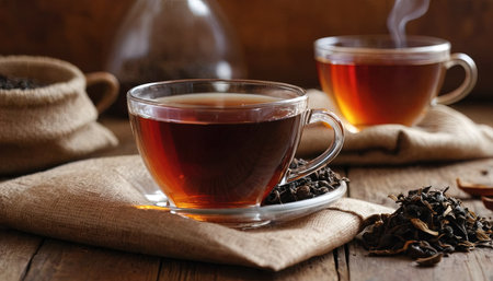 Cup of tea with teapot and cup of black teaの素材