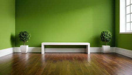 Green living room with a white bench and a plant in a potの素材