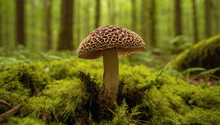 Toadstool mushroom growing in a mossy forest floor.の素材