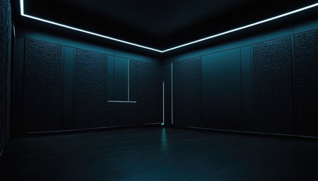 3D rendering of an empty room with a neon light on the wallの素材