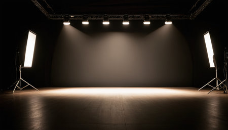 Empty stage with spotlights and spotlight. 3d rendering. Computer digital drawing.の素材