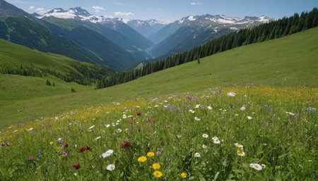 panoramic view of the alpine meadow with wildflowersの素材