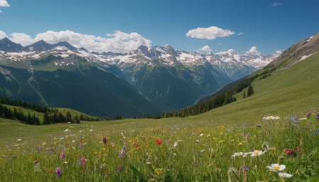 Mountain meadow with wildflowers and snow-capped peaksの素材